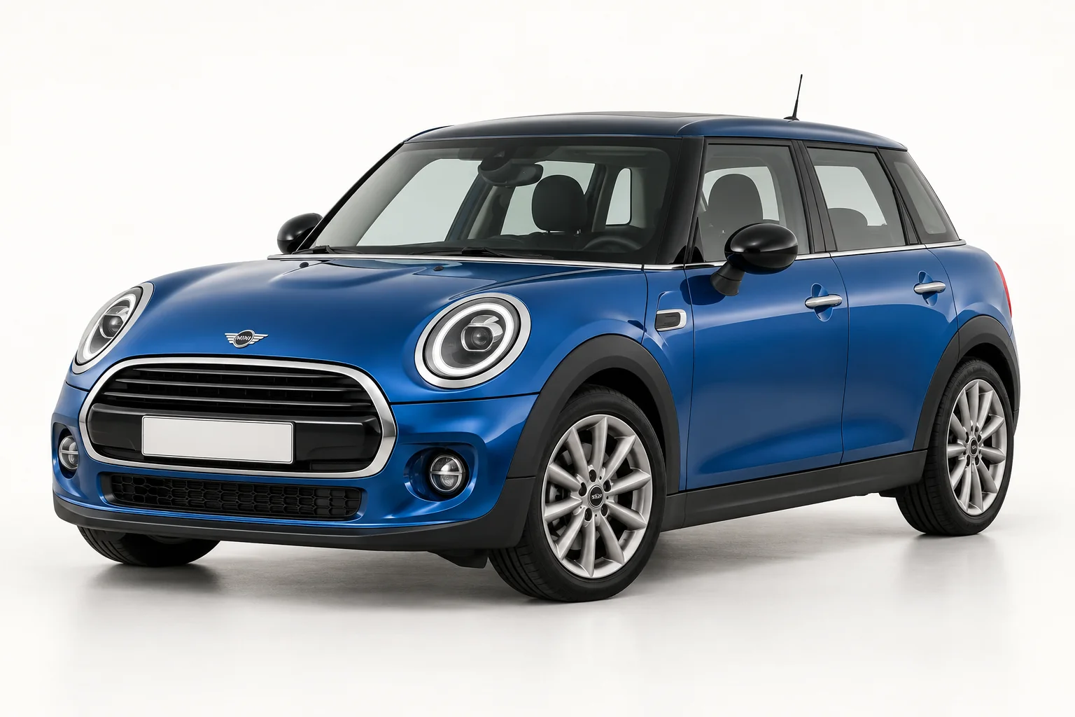 Ilustrasi AI Mini Cooper lima pintu biru tampak depan samping