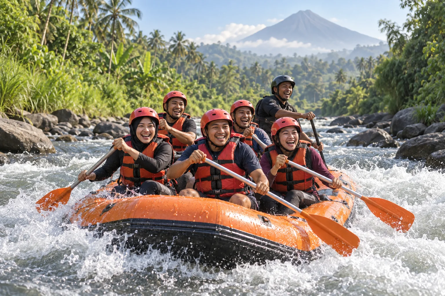 Ilustrasi AI kelompok rafting dengan helm dan pelampung
