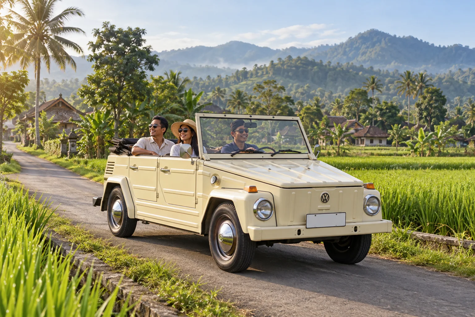 Ilustrasi AI VW klasik di jalan pedesaan Magelang